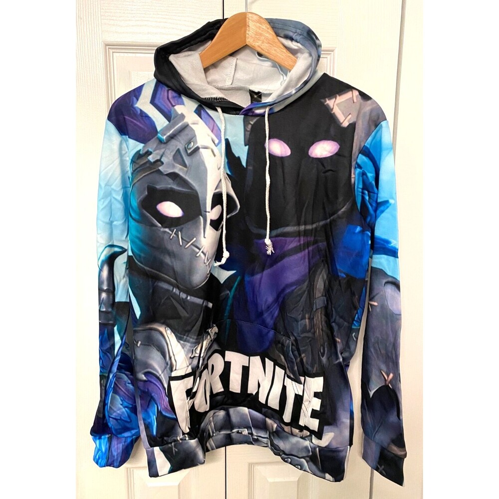 FORTNITE Hoodie Sweatshirt Adult L Allover Graphic Kangaroo Blue Purple Black